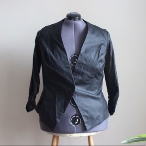 Fashion to Figure Jackets & Coats - Black Faux Leather Blazer - 3/4 ruched sleeves Fashion to Figure Jackets & Coats - Black Faux Leather Blazer - 3/4 ruched sleeves